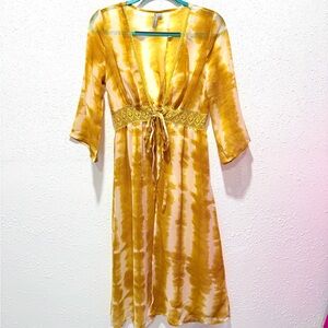 Feathers Yellow Tie-Dye Fabric kimono‎ M